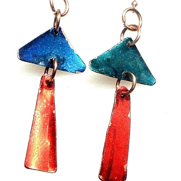 Modernist Geometric Blue Red Dangle Solid Pure Copper Earrings Bohemian Drop - Picture 1 of 5